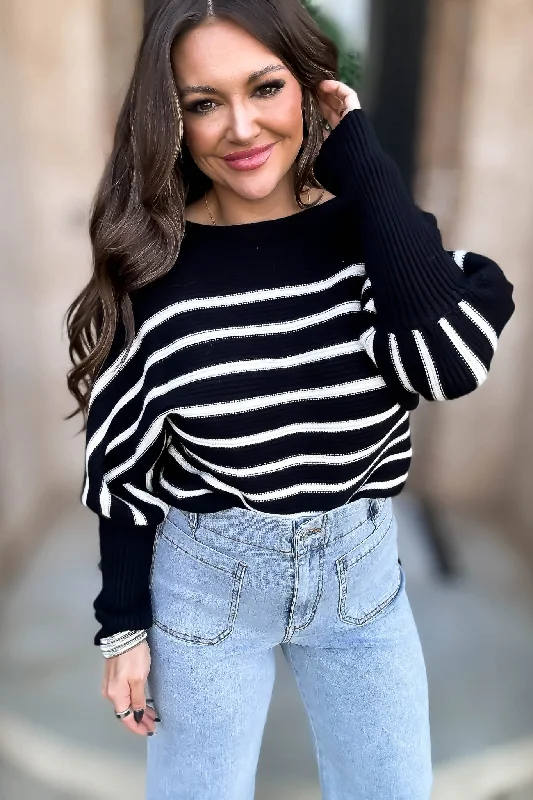 Split - Hem Women's Linen Blend Sweaters for SpringBlack Striped Fitted Sleeve Sweater Split - Hem Women's Linen Blend Sweaters for SpringBlack Striped Fitted Sleeve Sweater