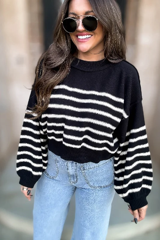 V - Neck Women's Ribbed Wool Sweaters for FallBlack Striped Long Sleeve Sweater Top
