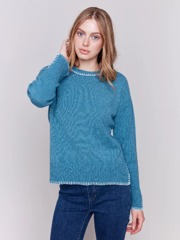 Plus Size Women's Ruffled Hem Sweaters in Floral PrintsBlanket Stitch Sweater - Peacock Plus Size Women's Ruffled Hem Sweaters in Floral PrintsBlanket Stitch Sweater - Peacock