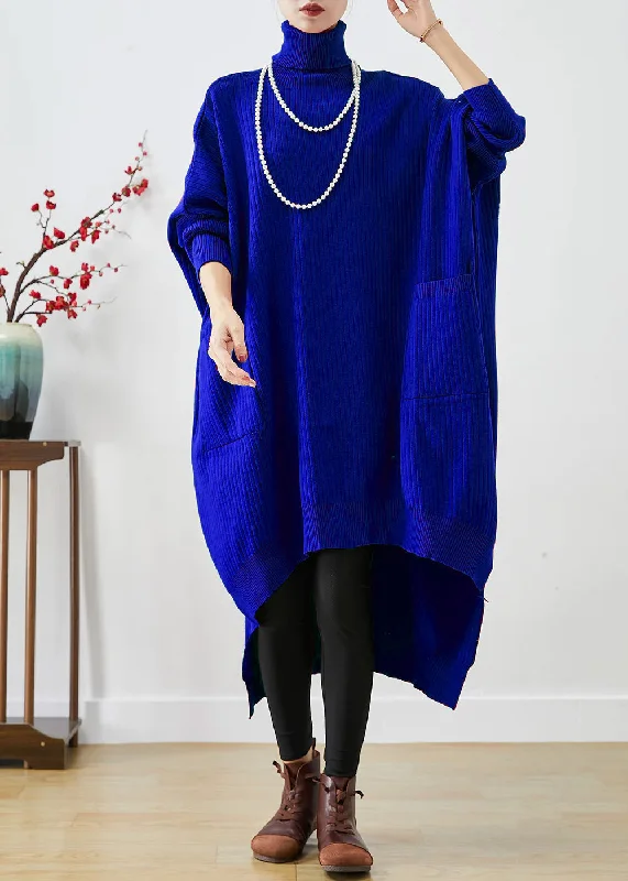 Midi - Length Women's Shetland Wool Sweater Dresses in Traditional PatternsBlue Oversized Knit Sweater Dress Turtle Neck Asymmetrical Batwing Sleeve Midi - Length Women's Shetland Wool Sweater Dresses in Traditional PatternsBlue Oversized Knit Sweater Dress Turtle Neck Asymmetrical Batwing Sleeve