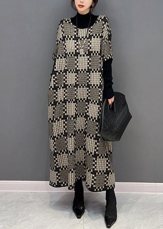 Mini - Length Women's Chunky Knit Sweater Dresses in Bold HuesBohemian Khaki Hign Neck Plaid Knit Maxi Dresses Winter Mini - Length Women's Chunky Knit Sweater Dresses in Bold HuesBohemian Khaki Hign Neck Plaid Knit Maxi Dresses Winter