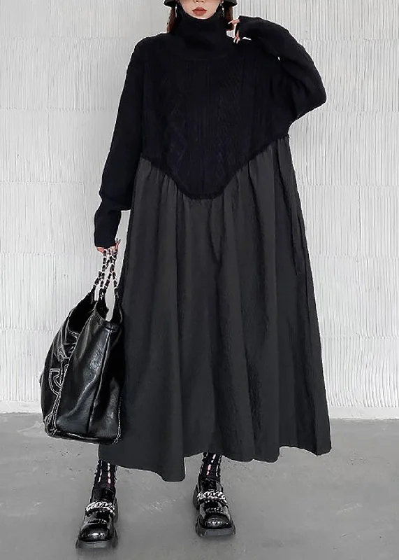 Plus Size Women's Tunic - Style Sweater Dresses with PocketsBoutique Black Turtleneck Patchwork Wrinkled Knit Maxi Dresses Winter Plus Size Women's Tunic - Style Sweater Dresses with PocketsBoutique Black Turtleneck Patchwork Wrinkled Knit Maxi Dresses Winter