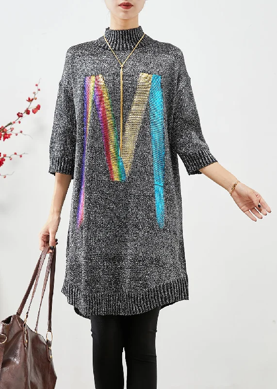 A - Line Women's Merino Wool Sweater Dresses in Classic StylesChic Grey Stand Collar Sequins Knit Sweater Dress Half Sleeve A - Line Women's Merino Wool Sweater Dresses in Classic StylesChic Grey Stand Collar Sequins Knit Sweater Dress Half Sleeve
