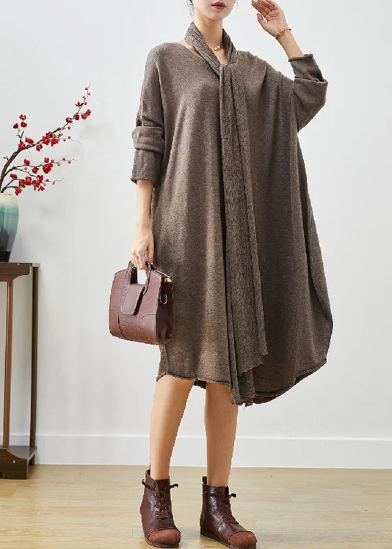 Midi - Length Women's Shetland Wool Sweater Dresses in Traditional PatternsCoffee Loose Knit Maxi Dresses Button Down Complimentary Scarf Fall Midi - Length Women's Shetland Wool Sweater Dresses in Traditional PatternsCoffee Loose Knit Maxi Dresses Button Down Complimentary Scarf Fall