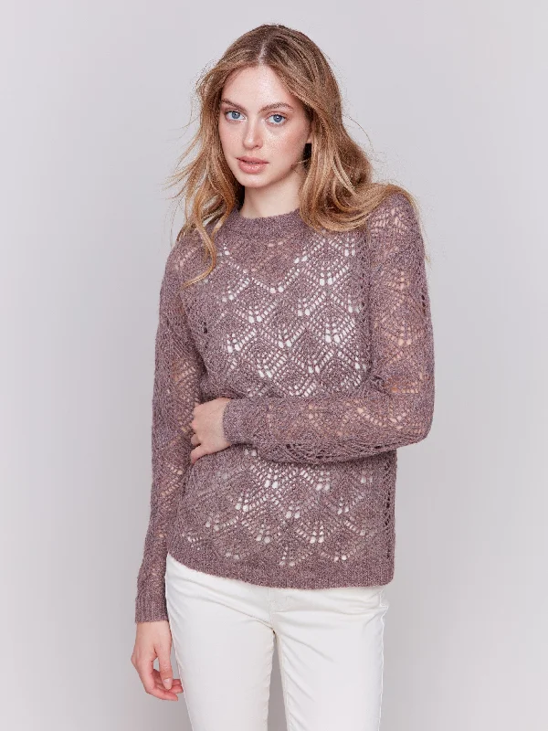Open - Front Women's Cardigan - Style Mohair SweatersCrochet Knit Sweater - Taupe
