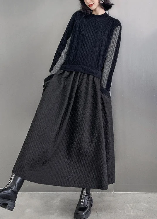 Plus Size Women's Turtleneck Sweater Dresses with Side SlitsElegant Black O-Neck Patchwork Knit Maxi Dresses Winter Plus Size Women's Turtleneck Sweater Dresses with Side SlitsElegant Black O-Neck Patchwork Knit Maxi Dresses Winter