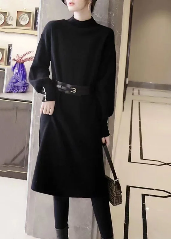 Plus Size Women's Asymmetric Hem Sweater Dresses in Modern DesignsElegant Black Stand Collar Tie Waist Patchwork Knit Sweater Dress Fall Plus Size Women's Asymmetric Hem Sweater Dresses in Modern DesignsElegant Black Stand Collar Tie Waist Patchwork Knit Sweater Dress Fall