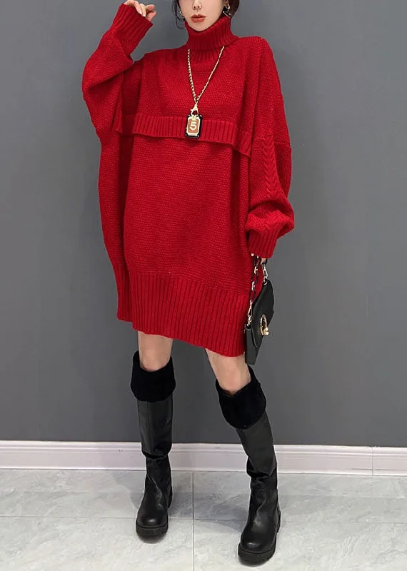 Women's Off - Shoulder Chunky Knit Sweater Dresses in Earth TonesFashion Red Hign Neck Oversized Thick Knit Sweaters Winter Women's Off - Shoulder Chunky Knit Sweater Dresses in Earth TonesFashion Red Hign Neck Oversized Thick Knit Sweaters Winter