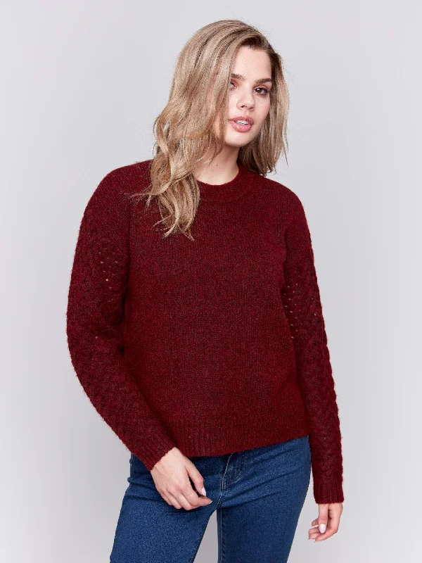 Hooded Women's Fleece - Lined Sweaters for WinterFishnet Sleeve Crew Neck Sweater - Cabernet