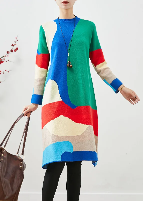 Plus Size Women's Turtleneck Sweater Dresses with Side SlitsFrench Colorblock Painting Prints Knit Party Dress Fall Plus Size Women's Turtleneck Sweater Dresses with Side SlitsFrench Colorblock Painting Prints Knit Party Dress Fall
