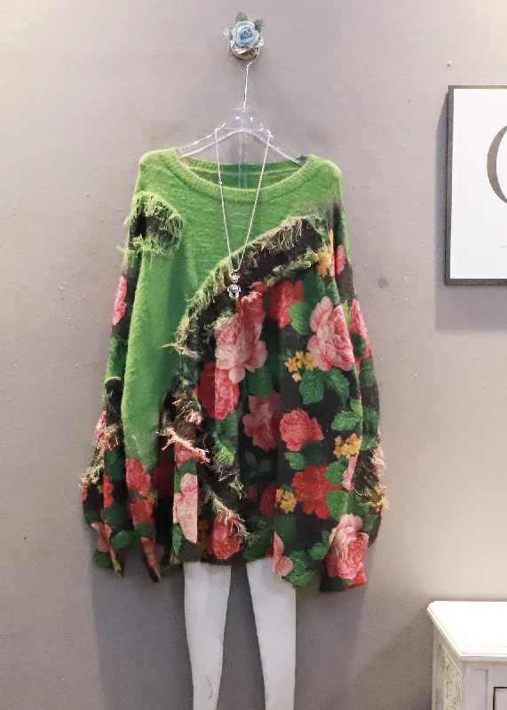 Longline Women's Mohair Sweater Dresses in a Loose FitFrench Green Tasseled Patchwork Print Knit Sweater Dress Spring Longline Women's Mohair Sweater Dresses in a Loose FitFrench Green Tasseled Patchwork Print Knit Sweater Dress Spring