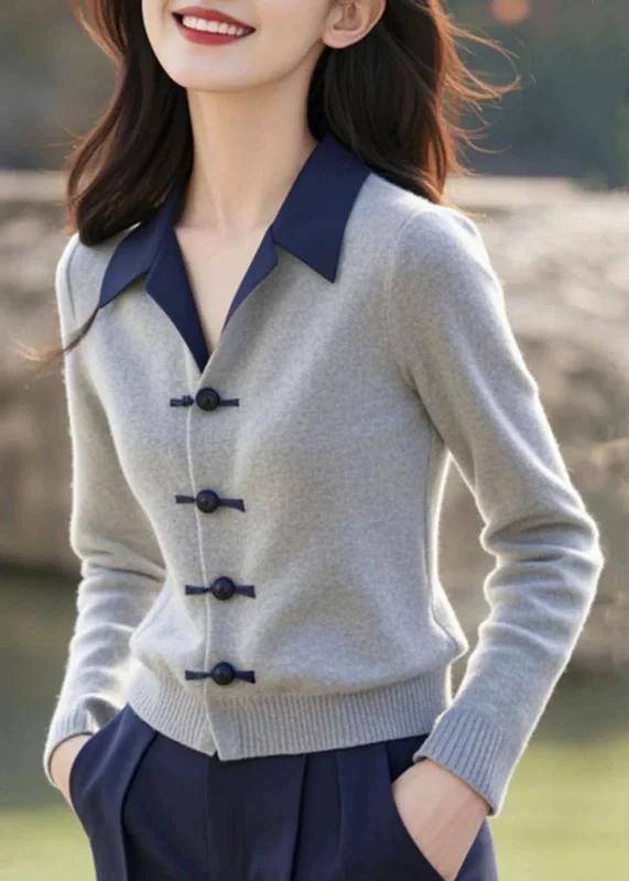 Open - Front Women's Cardigan - Style Mohair SweatersFrench Grey Button Patchwork Knitting Cotton Sweaters Winter Open - Front Women's Cardigan - Style Mohair SweatersFrench Grey Button Patchwork Knitting Cotton Sweaters Winter