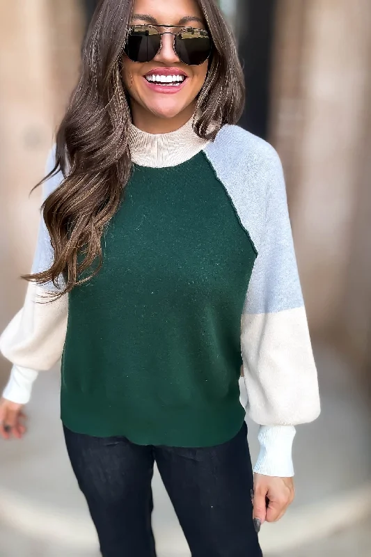 Tie - Front Women's Lambswool Sweaters in Pastel HuesHunter Green Colorblock Mock Neck Sweater Top Tie - Front Women's Lambswool Sweaters in Pastel HuesHunter Green Colorblock Mock Neck Sweater Top