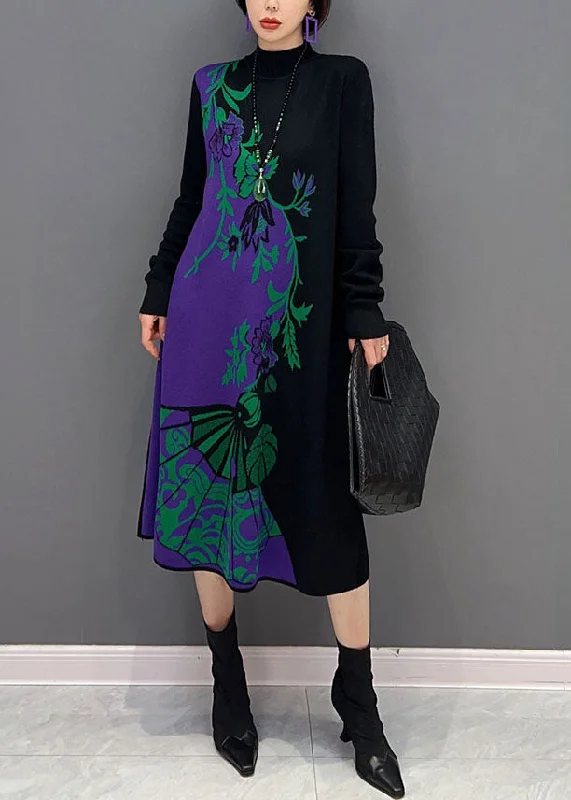 Plus Size Women's Asymmetric Hem Sweater Dresses in Modern DesignsItalian Black Hign Neck Print Knit Sweater Dress Winter Plus Size Women's Asymmetric Hem Sweater Dresses in Modern DesignsItalian Black Hign Neck Print Knit Sweater Dress Winter