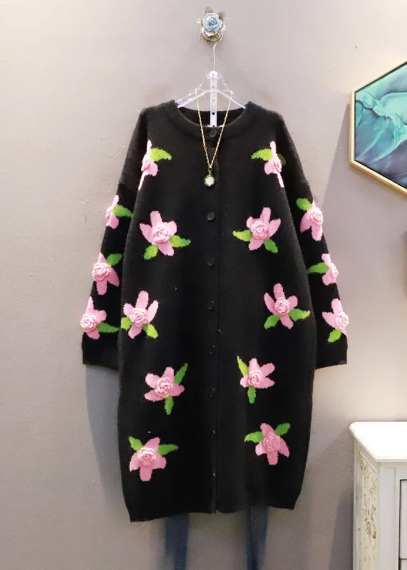 Longline Women's Mohair Sweater Dresses in a Loose FitItalian Black O-Neck Floral Warm Knit Loose Cardigan Spring Longline Women's Mohair Sweater Dresses in a Loose FitItalian Black O-Neck Floral Warm Knit Loose Cardigan Spring