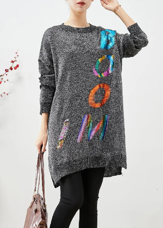 Longline Women's Mohair Sweater Dresses in a Loose FitItalian Grey Oversized Letter Print Knit Sweater Dress Fall Longline Women's Mohair Sweater Dresses in a Loose FitItalian Grey Oversized Letter Print Knit Sweater Dress Fall