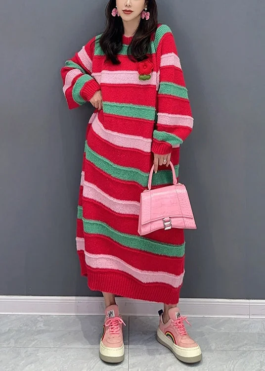 Women's Off - Shoulder Chunky Knit Sweater Dresses in Earth TonesItalian Red Striped O Neck Patchwork Cotton Knit Dresses Fall Women's Off - Shoulder Chunky Knit Sweater Dresses in Earth TonesItalian Red Striped O Neck Patchwork Cotton Knit Dresses Fall
