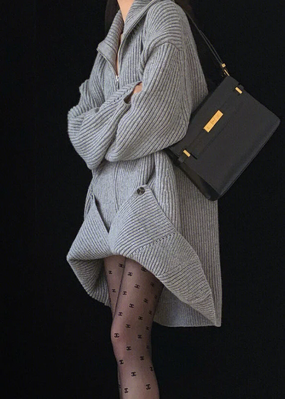Women's Off - Shoulder Chunky Knit Sweater Dresses in Earth TonesLoose Grey Peter Pan Collar Zip Up Knit Sweater Dress Fall Women's Off - Shoulder Chunky Knit Sweater Dresses in Earth TonesLoose Grey Peter Pan Collar Zip Up Knit Sweater Dress Fall