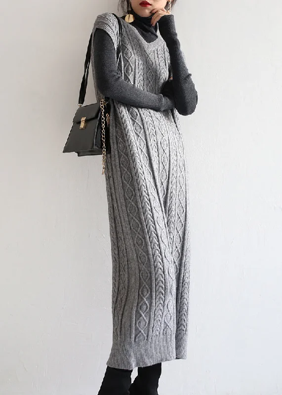 V - Neck Women's Ribbed Sweater Dresses with Belt for a Defined WaistLoose Grey V Neck Patchwork Knit Long Dressess Sleeveless V - Neck Women's Ribbed Sweater Dresses with Belt for a Defined WaistLoose Grey V Neck Patchwork Knit Long Dressess Sleeveless