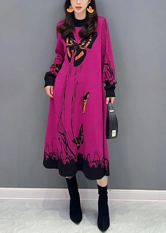 Plus Size Women's Asymmetric Hem Sweater Dresses in Modern DesignsLoose Rose O-Neck Print Patchwork Knit Dresses Long Sleeve Plus Size Women's Asymmetric Hem Sweater Dresses in Modern DesignsLoose Rose O-Neck Print Patchwork Knit Dresses Long Sleeve