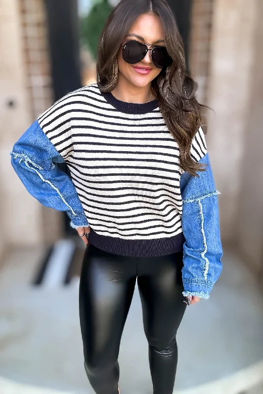 V - Neck Women's Ribbed Wool Sweaters for FallMineral Washed Denim Sleeve Sweater