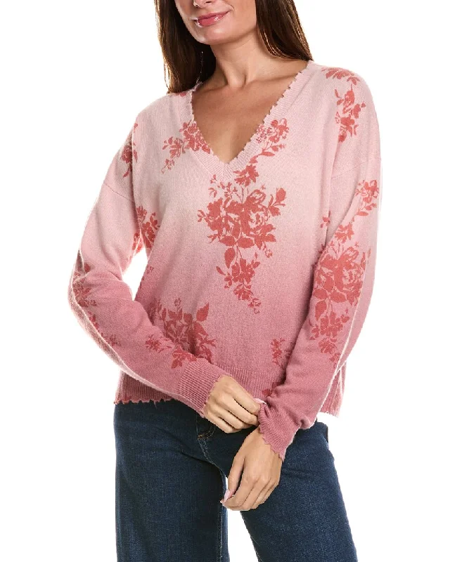 Plus Size Women's Tunic - Style Sweater Dresses with PocketsMinnie Rose V-Neck Floral Dip-Dye Frayed Edge Cashmere Sweater Plus Size Women's Tunic - Style Sweater Dresses with PocketsMinnie Rose V-Neck Floral Dip-Dye Frayed Edge Cashmere Sweater