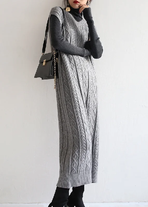 Mini - Length Women's Chunky Knit Sweater Dresses in Bold HuesModern Grey V Neck Cable Long Knit Waistcoat Sweaters Dress Fall Mini - Length Women's Chunky Knit Sweater Dresses in Bold HuesModern Grey V Neck Cable Long Knit Waistcoat Sweaters Dress Fall