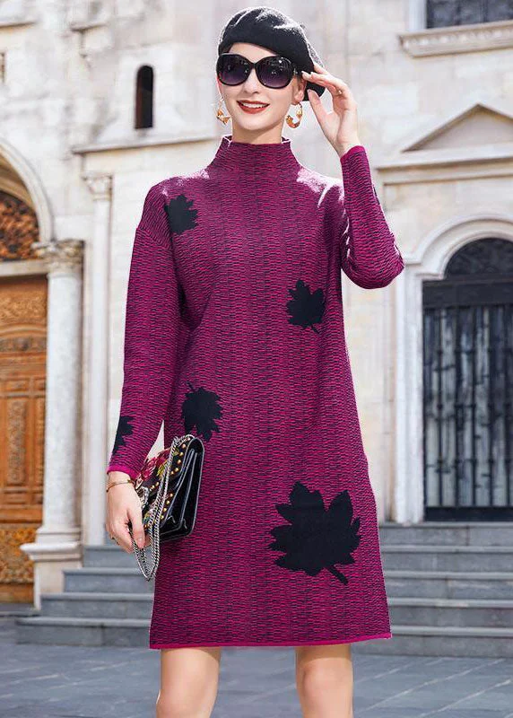 Wrap - Style Women's Lambswool Sweater Dresses in Elegant ShadesModern Purple High Neck Maple Leaves Jacquard Knit Long Sweater Winter Wrap - Style Women's Lambswool Sweater Dresses in Elegant ShadesModern Purple High Neck Maple Leaves Jacquard Knit Long Sweater Winter