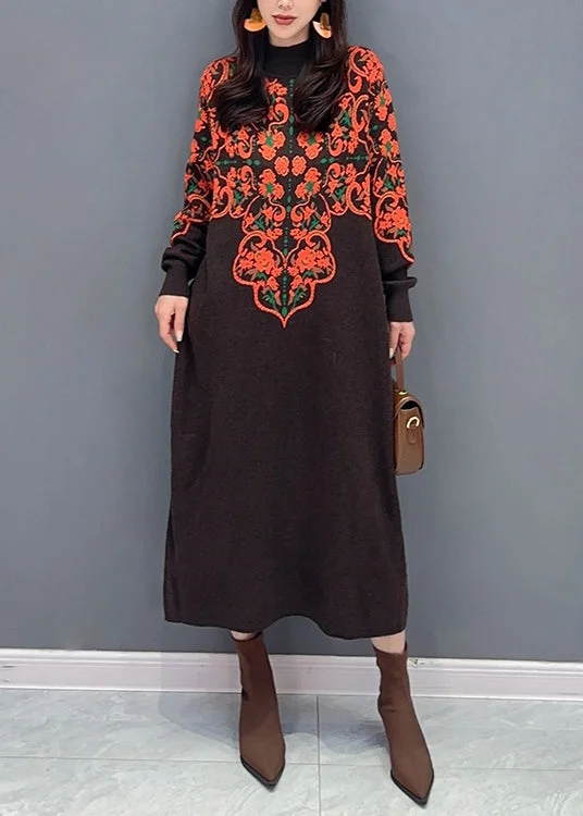 V - Neck Women's Ribbed Sweater Dresses with Belt for a Defined WaistNew Brown Turtleneck Print Patchwork Knit Long Dress Fall V - Neck Women's Ribbed Sweater Dresses with Belt for a Defined WaistNew Brown Turtleneck Print Patchwork Knit Long Dress Fall