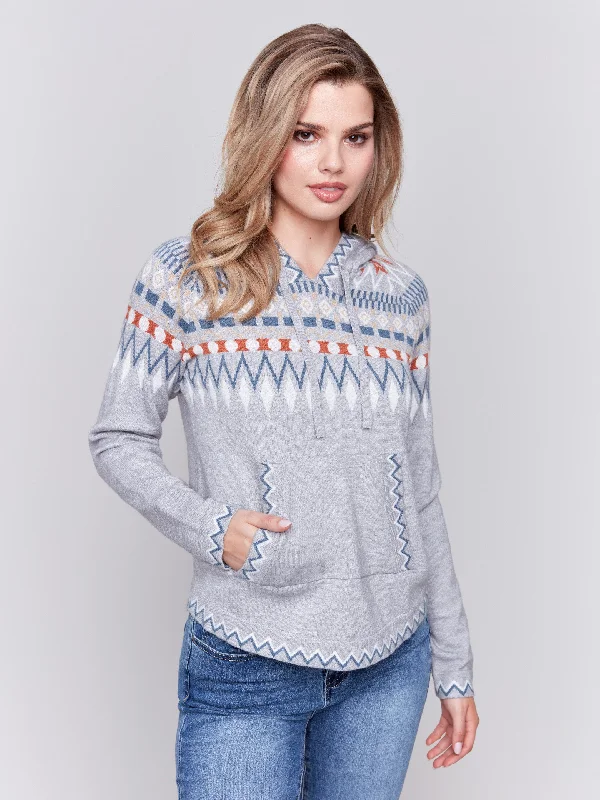 Button - Down Women's Shetland Wool Sweaters in Traditional PatternsPlush Knit Ski Hoodie Sweater - Grey Button - Down Women's Shetland Wool Sweaters in Traditional PatternsPlush Knit Ski Hoodie Sweater - Grey
