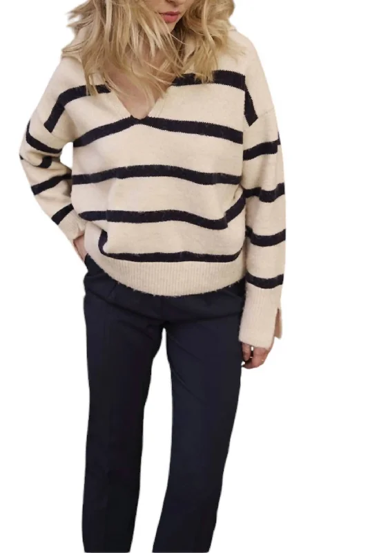 Hooded Women's Fleece - Lined Sweaters for WinterPolo Style Striped Sweater In Cream/navy