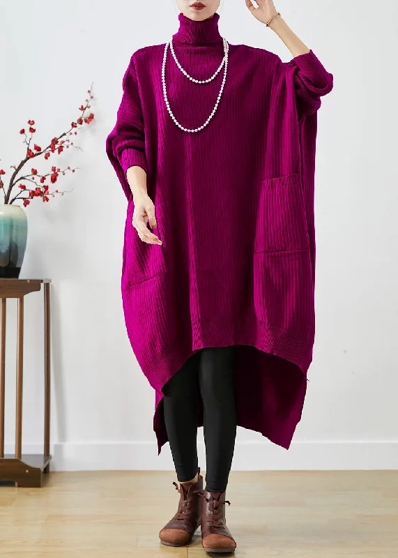 Plus Size Women's Fit - and - Flare Sweater Dresses with Ruffled HemPurple Oversized Knit Sweater Dress Turtle Neck Asymmetrical Batwing Sleeve Plus Size Women's Fit - and - Flare Sweater Dresses with Ruffled HemPurple Oversized Knit Sweater Dress Turtle Neck Asymmetrical Batwing Sleeve