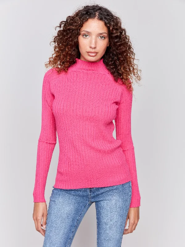 Tie - Front Women's Lambswool Sweaters in Pastel HuesRibbed Knit Mock Neck Sweater - Magenta Tie - Front Women's Lambswool Sweaters in Pastel HuesRibbed Knit Mock Neck Sweater - Magenta