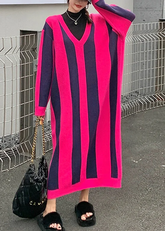Plus Size Women's Open - Front Cardigan Style Sweater DressesRose V Neck Striped Patchwork Thick Knit Sweater Dress Winter Plus Size Women's Open - Front Cardigan Style Sweater DressesRose V Neck Striped Patchwork Thick Knit Sweater Dress Winter