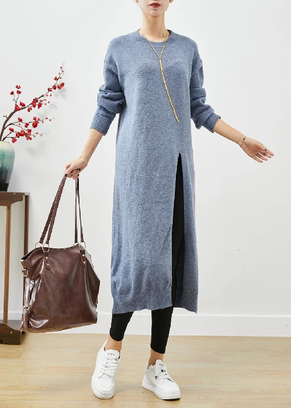 Cowl Neck Women's Cashmere Blend Sweater Dresses for WinterStyle Blue Grey O-Neck Side Open Knit Long Dress Fall Cowl Neck Women's Cashmere Blend Sweater Dresses for WinterStyle Blue Grey O-Neck Side Open Knit Long Dress Fall