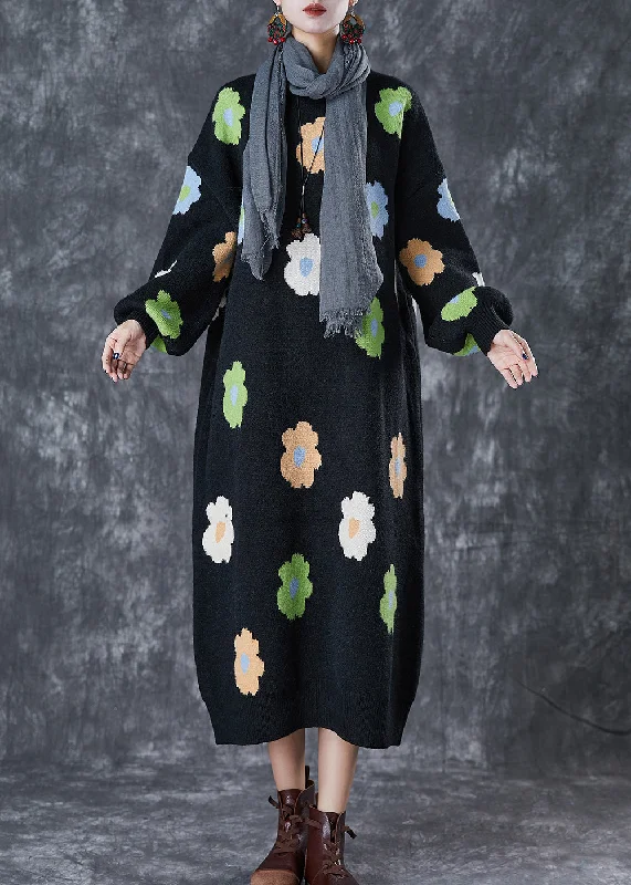 Wrap - Style Women's Lambswool Sweater Dresses in Elegant ShadesStylish Black Oversized Floral Knit Long Dress Fall Wrap - Style Women's Lambswool Sweater Dresses in Elegant ShadesStylish Black Oversized Floral Knit Long Dress Fall