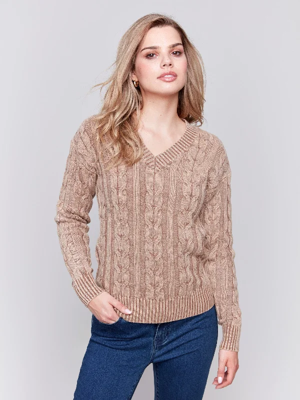 Tie - Front Women's Lambswool Sweaters in Pastel HuesV-Neck Cable Knit Sweater - Truffle Tie - Front Women's Lambswool Sweaters in Pastel HuesV-Neck Cable Knit Sweater - Truffle