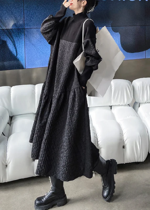 A - Line Women's Merino Wool Sweater Dresses in Classic StylesWomen Black Stand Collar Patchwork Knit A Line Long Dresses Winter A - Line Women's Merino Wool Sweater Dresses in Classic StylesWomen Black Stand Collar Patchwork Knit A Line Long Dresses Winter