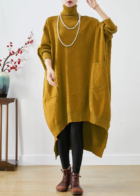 Knee - Length Women's Wool Blend Sweater Dresses in Neutral ColorsYellow Oversized Knit Sweater Dress Turtle Neck Asymmetrical Batwing Sleeve Knee - Length Women's Wool Blend Sweater Dresses in Neutral ColorsYellow Oversized Knit Sweater Dress Turtle Neck Asymmetrical Batwing Sleeve