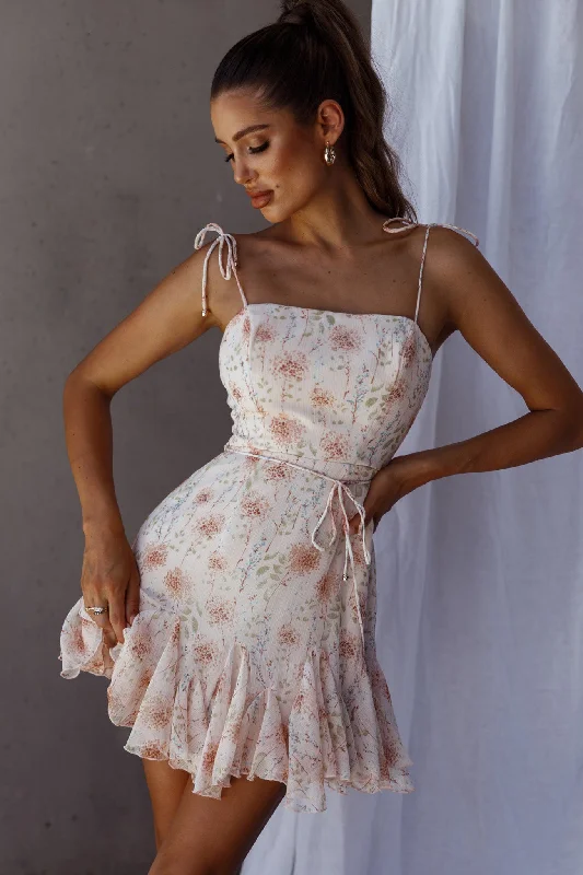 Charliza String Tie Godet Hem Dress Floral Peach