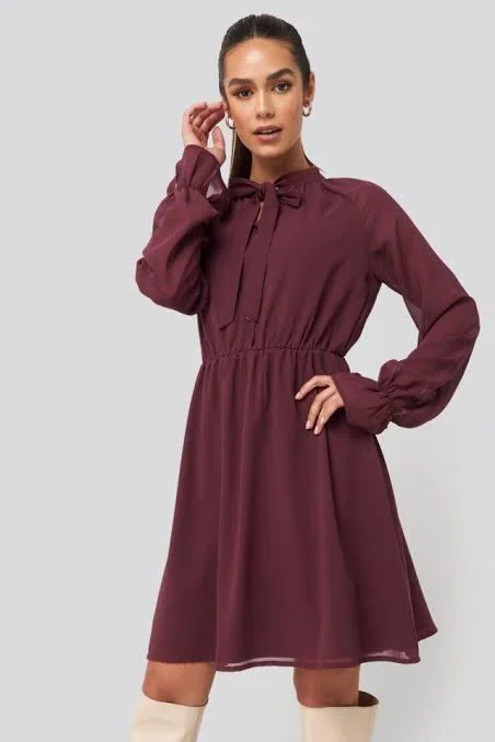 Chiffon Buttoned Dress Burgundy