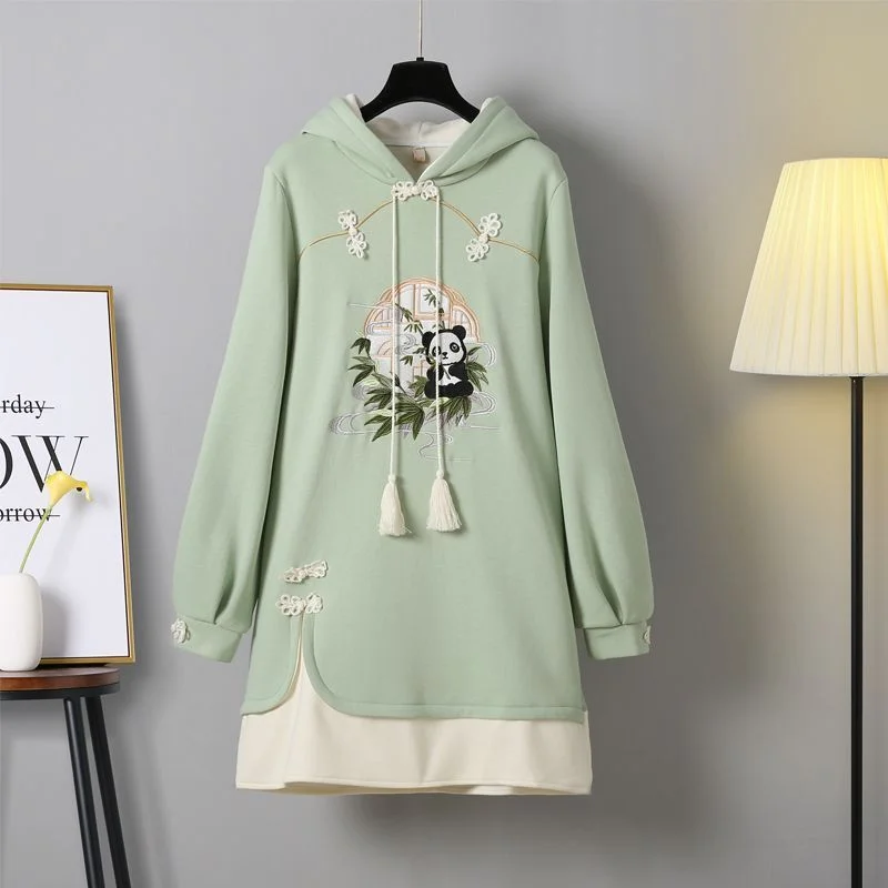 Women's crew - neck sweatshirt in a heather gray shade for a classic and versatile optionEnchanting Green Vintage Panda Embroidery Hoodie Dress Women's crew - neck sweatshirt in a heather gray shade for a classic and versatile optionEnchanting Green Vintage Panda Embroidery Hoodie Dress