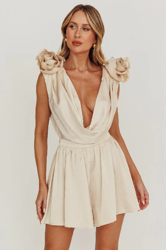 Hallie Cowl Neck Rosette Romper Champagne