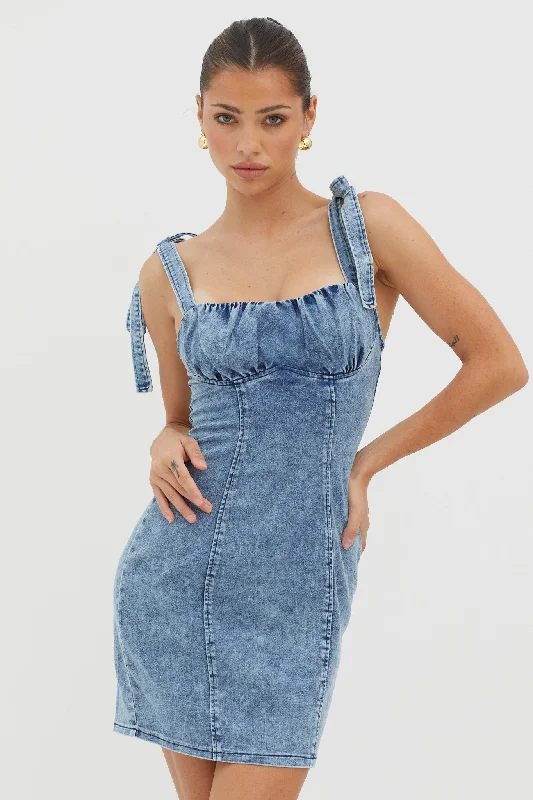 Harrison Tied Shoulder Mini Dress Denim Blue