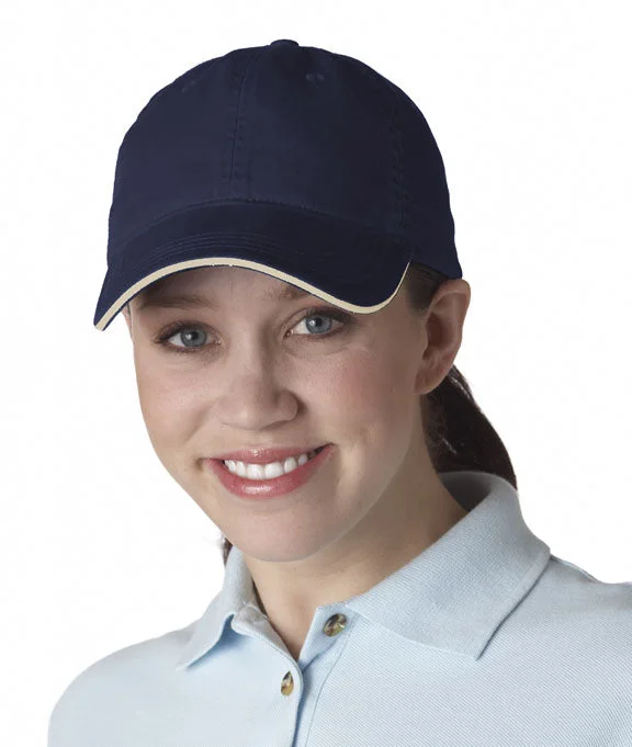 Women's color - block hoodie combining bold hues for a fashion - forward statement8104 - UltraClub Classic Cut Chino Cotton Twill Unconstructed Sandwich Cap | Navy/Stone Women's color - block hoodie combining bold hues for a fashion - forward statement8104 - UltraClub Classic Cut Chino Cotton Twill Unconstructed Sandwich Cap | Navy/Stone