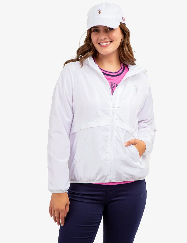 Women's denim jackets with a patchwork design for a bohemian and artsy styleHOODED ZIP FRONT WINDBREAKER Women's denim jackets with a patchwork design for a bohemian and artsy styleHOODED ZIP FRONT WINDBREAKER