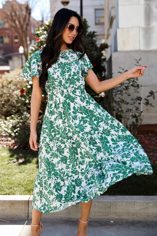 Island Sunsets Green Floral Midi Dress