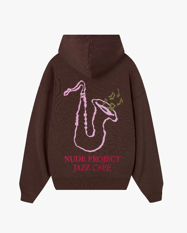 Women's graphic - printed sweatshirt featuring floral patterns for a feminine touchJAZZ CAFÉ HOOD BROWN Women's graphic - printed sweatshirt featuring floral patterns for a feminine touchJAZZ CAFÉ HOOD BROWN