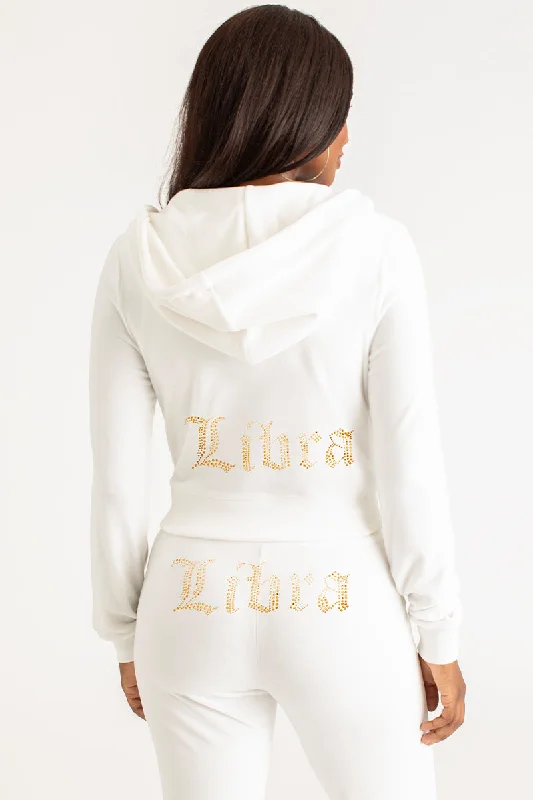 Women's cropped sweatshirt with a lace - trimmed hem for a romantic lookLibra Big Bling Velour Hoodie Women's cropped sweatshirt with a lace - trimmed hem for a romantic lookLibra Big Bling Velour Hoodie