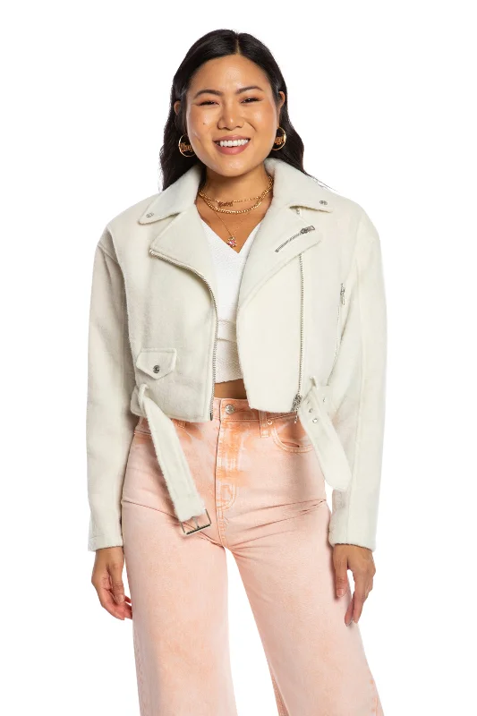 Women's sweatshirt with a mesh panel insert for breathability during workoutsMohair Cropped Moto Jacket Women's sweatshirt with a mesh panel insert for breathability during workoutsMohair Cropped Moto Jacket